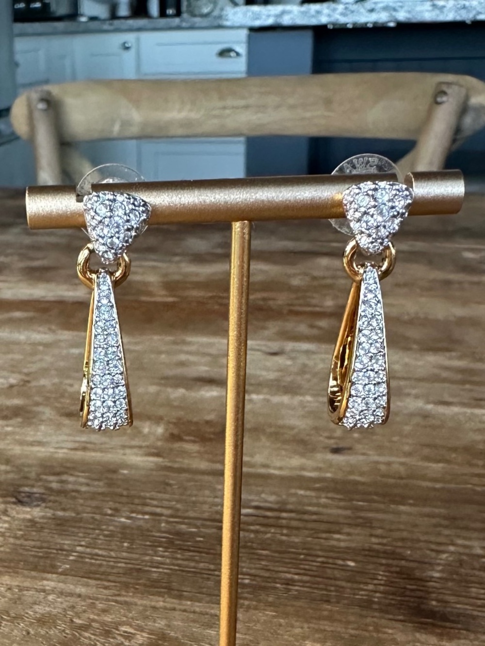 Swarovski Crystal Pavé Elongated Drop Earrings Gold Tone Statement Dangles - Picture 2 of 12